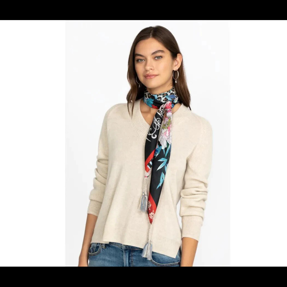 Johnny Was Ontari Silk Scarf Floral Square Large Blue Flowers Black Tassels NEW